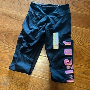 Justice (NWT) black leggings with purple & orange glitter letters size L 10/12